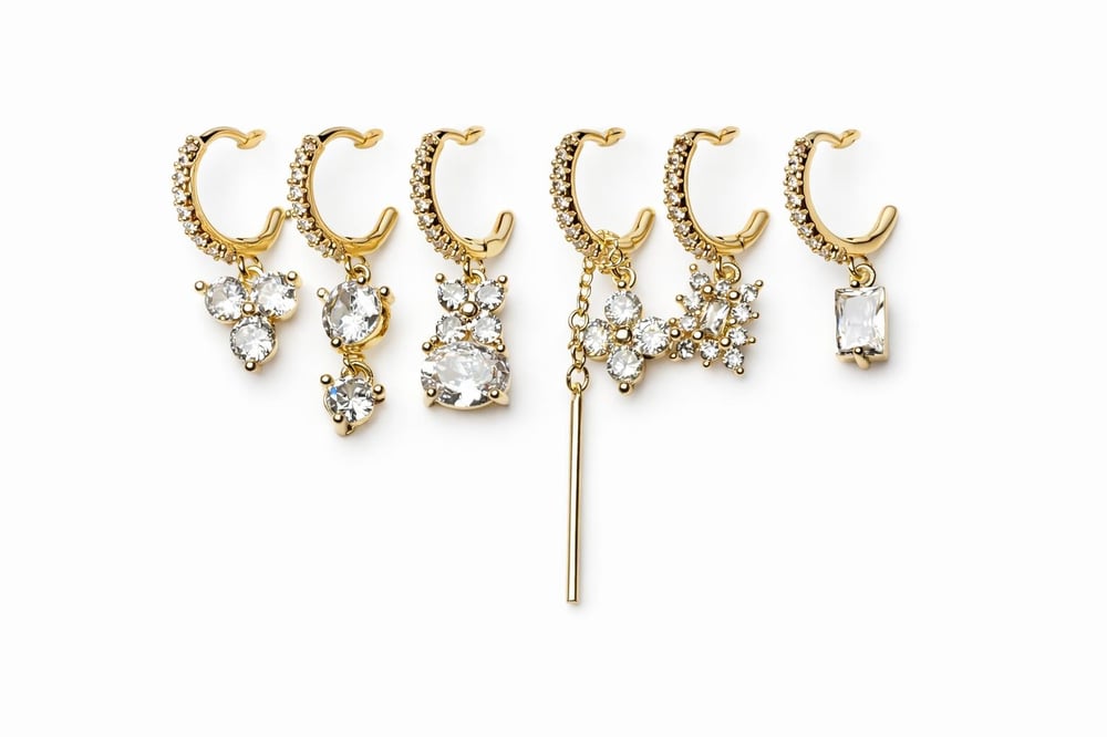 Vera Charm 6'lı Set Küpe 316L Çelik 14KK Zirkon Taşlı Kadın Küpe