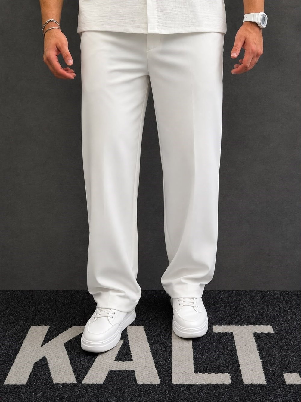 Likralı Baggy Beyaz Kumaş Pantolon