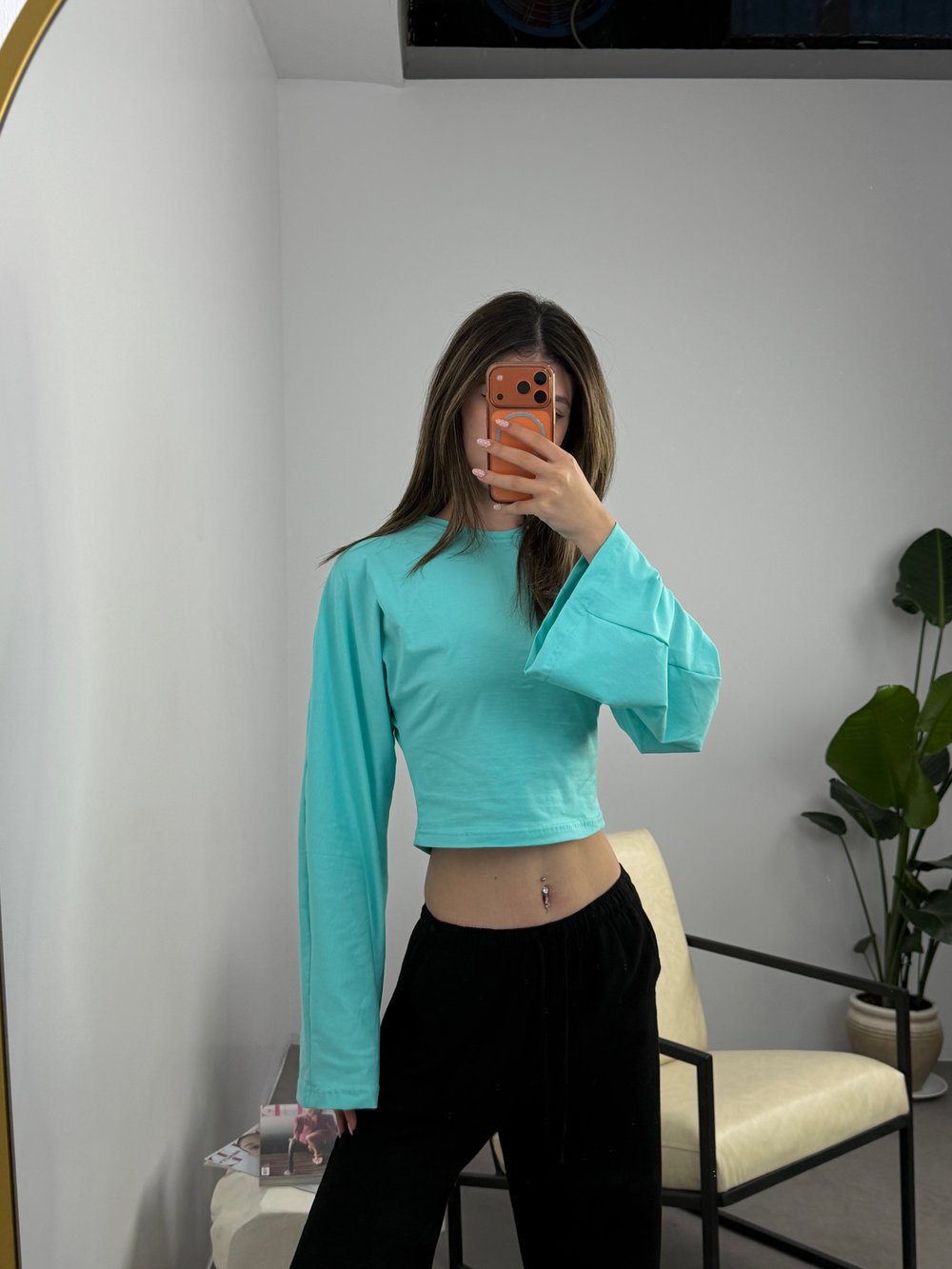 Esnek Fit Crop Bluz Turkuaz