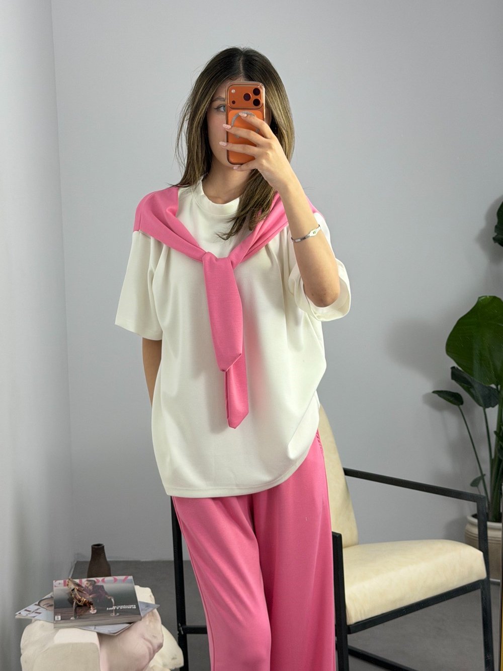 Fular Detaylı Modal Takım Pembe