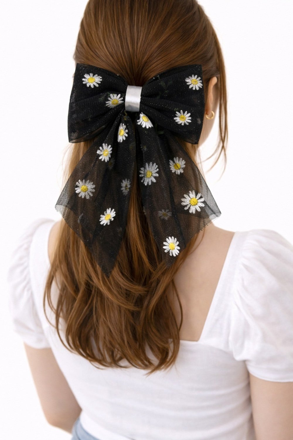 Siyah Tül Çiçek Desenli Fiyonk Saç Tokası