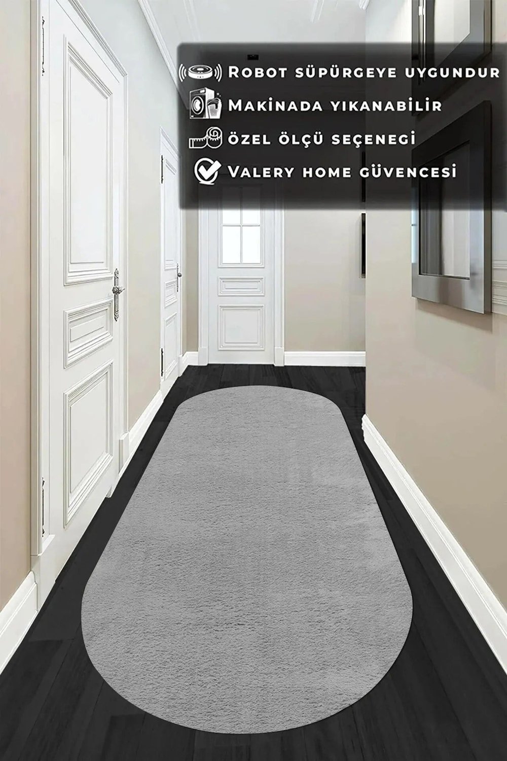 Comfort Oval Overloklu Peluş Halı Gri