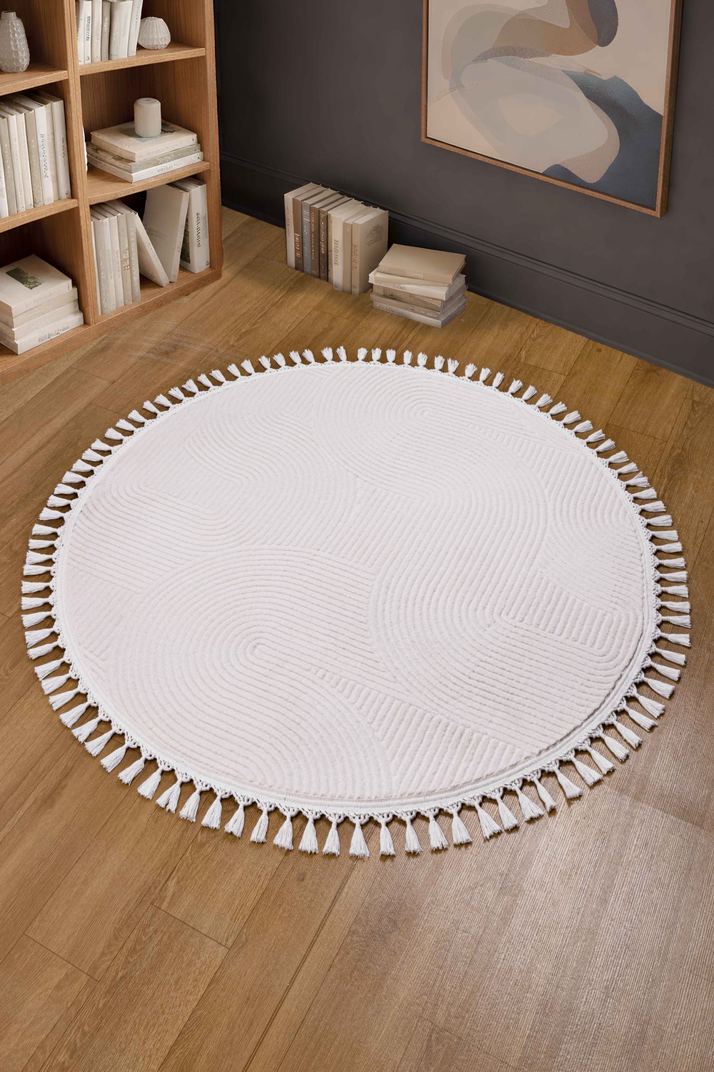 Merinos Rölyef Joy Krem Daire Kaymaz Taban Kesme Halı Pon Pon
