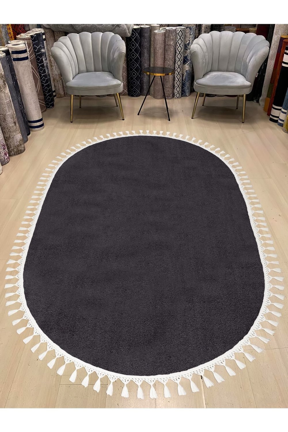Oval Comfort Ponpon Saçaklı Peluş Halı Antrasit