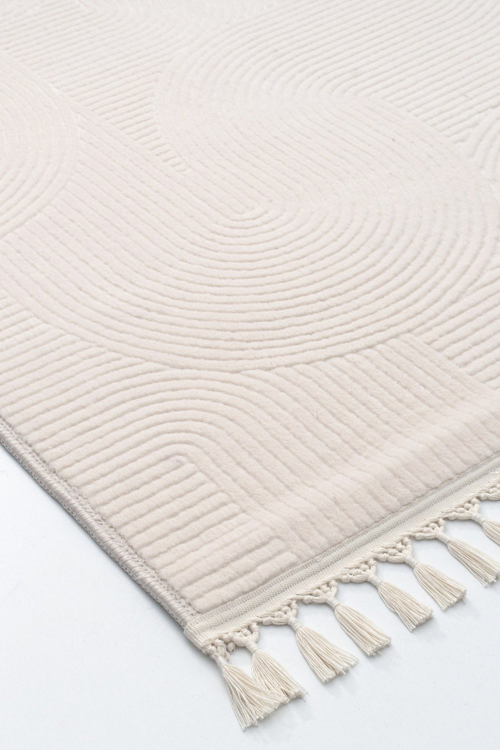 Merinos Rölyef Joy Krem Kaymaz Taban Kesme Halı Yolluk Pon Pon