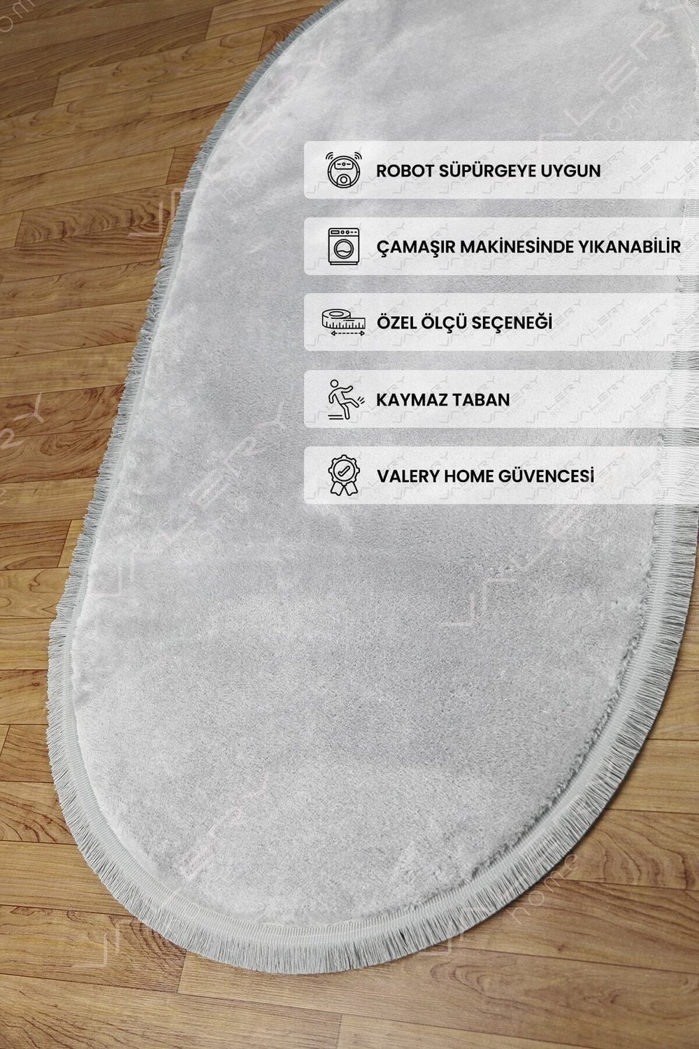 Vl Comfort Oval Düz Saçaklı Peluş Halı Gri