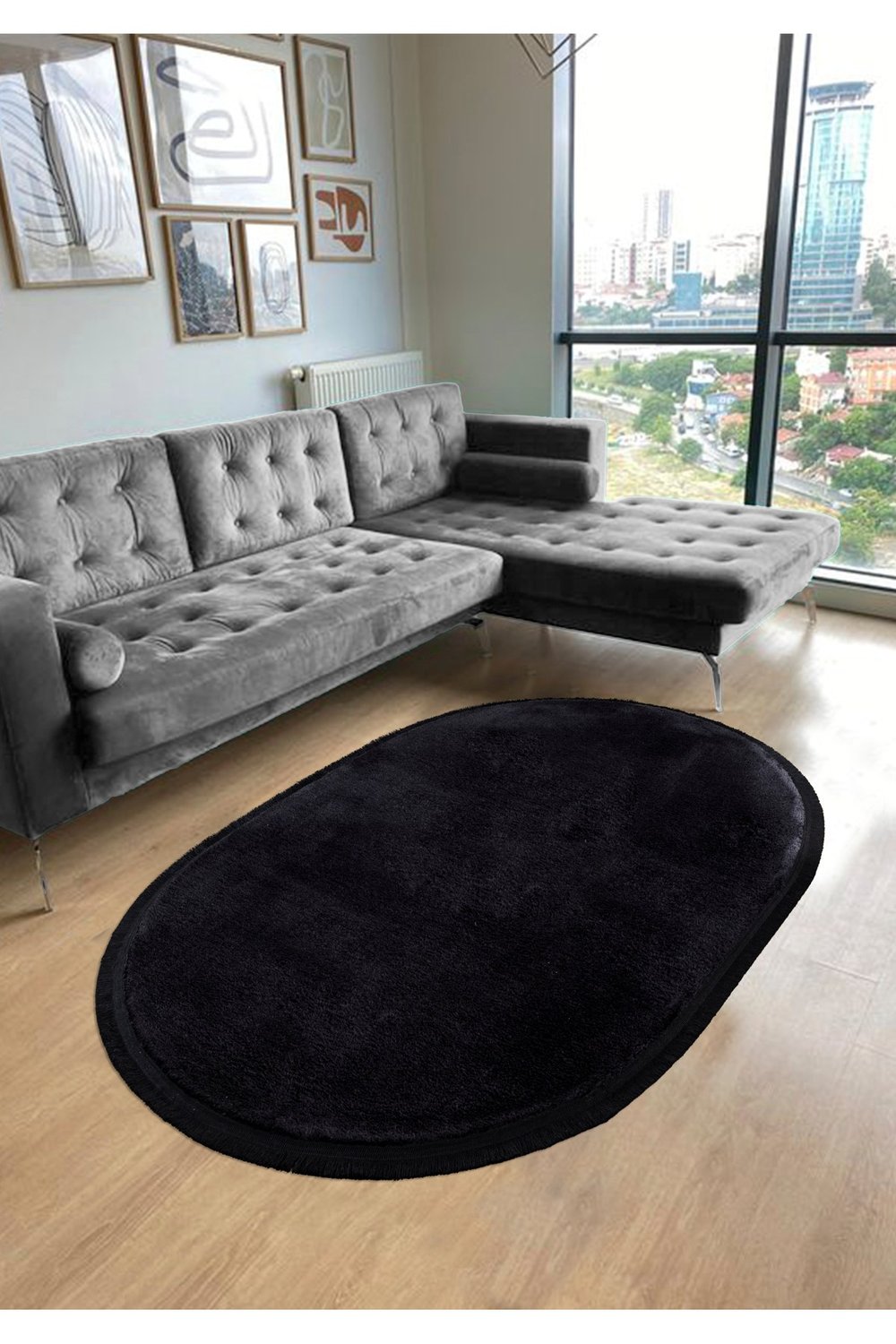 Vl Comfort Oval Düz Saçaklı Peluş Yıkanabilir Siyah Yolluk