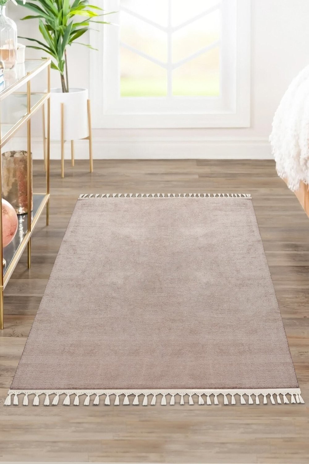 Vl Comfort Ponpon Saçaklı Peluş Halı Kahverengi Pon Pon Ekru