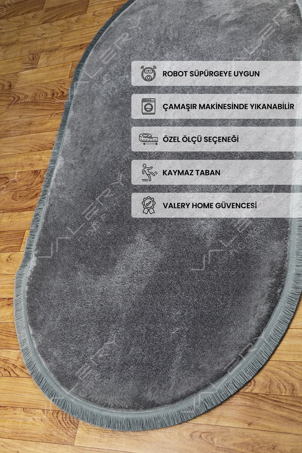 Vl Oval Comfort Düz Saçaklı Peluş Halı Antrasit
