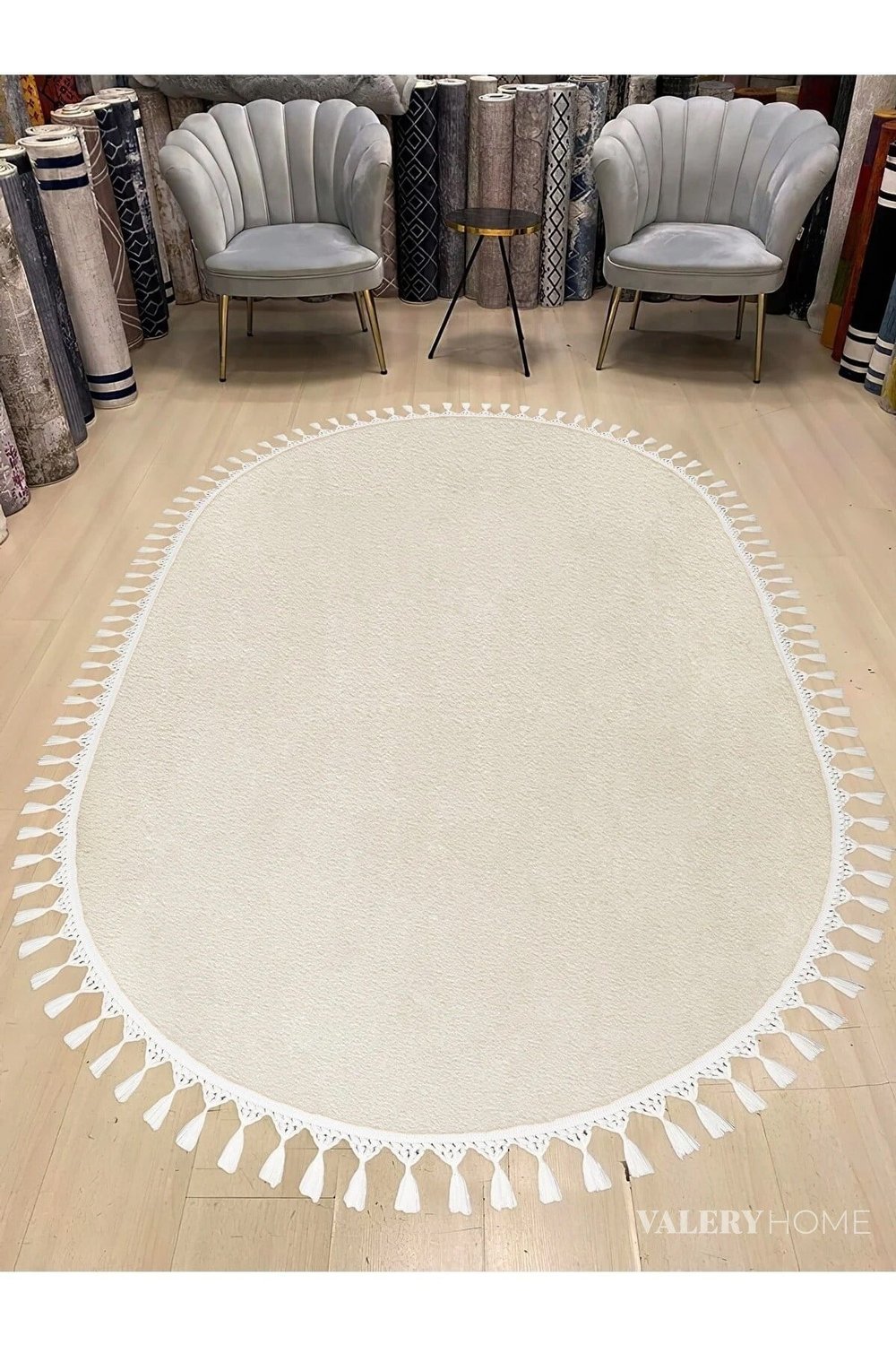 Vl Oval Comfort Ponpon Saçaklı Peluş Halı Ekru