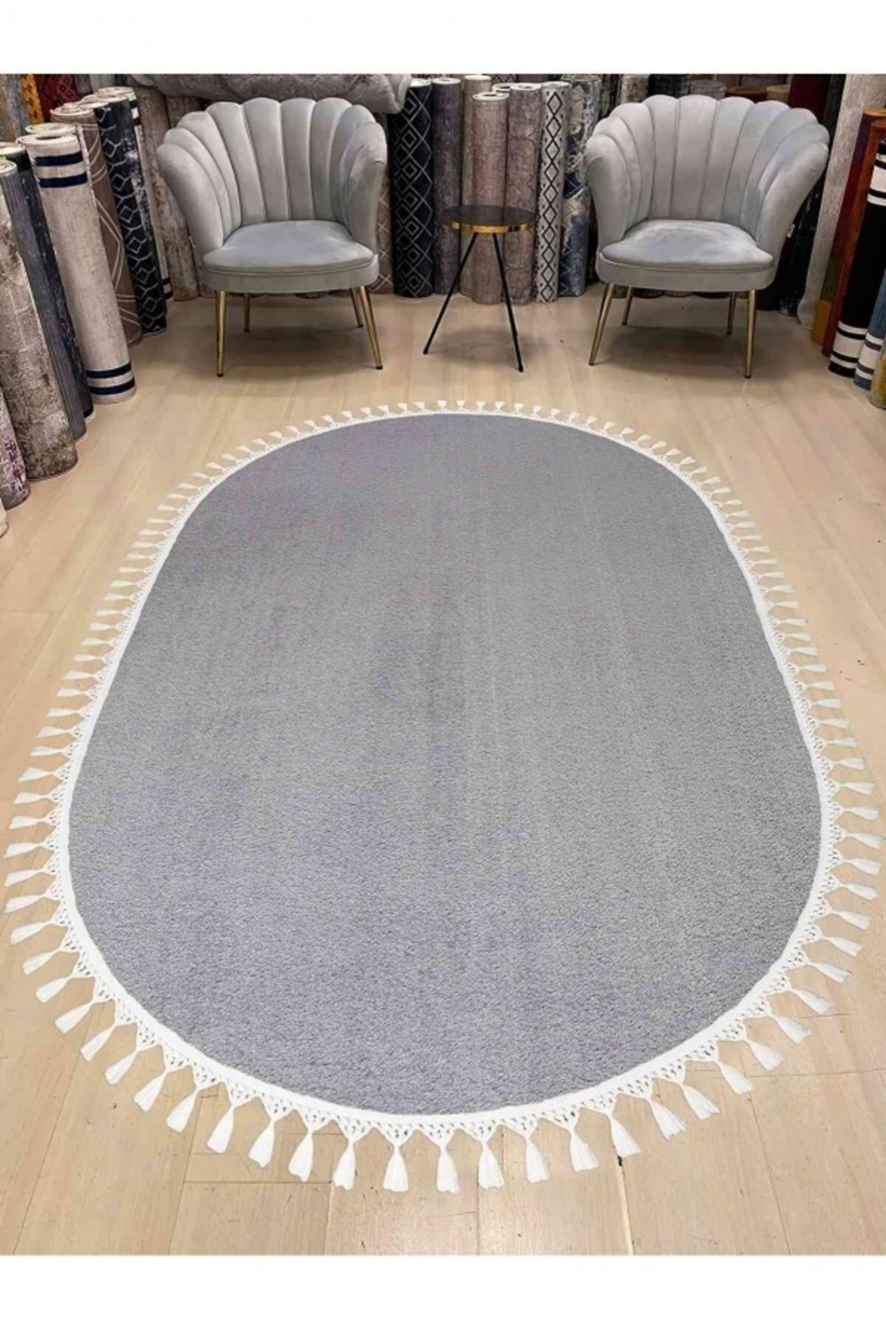 Vl Oval Comfort Ponpon Saçaklı Peluş Halı Gri Pon Pon Beyaz