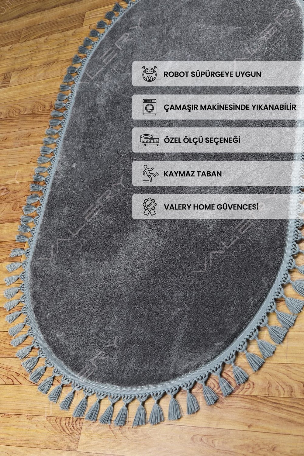 Vl Oval Comfort Ponpon Saçaklı Peluş Halı Antrasit
