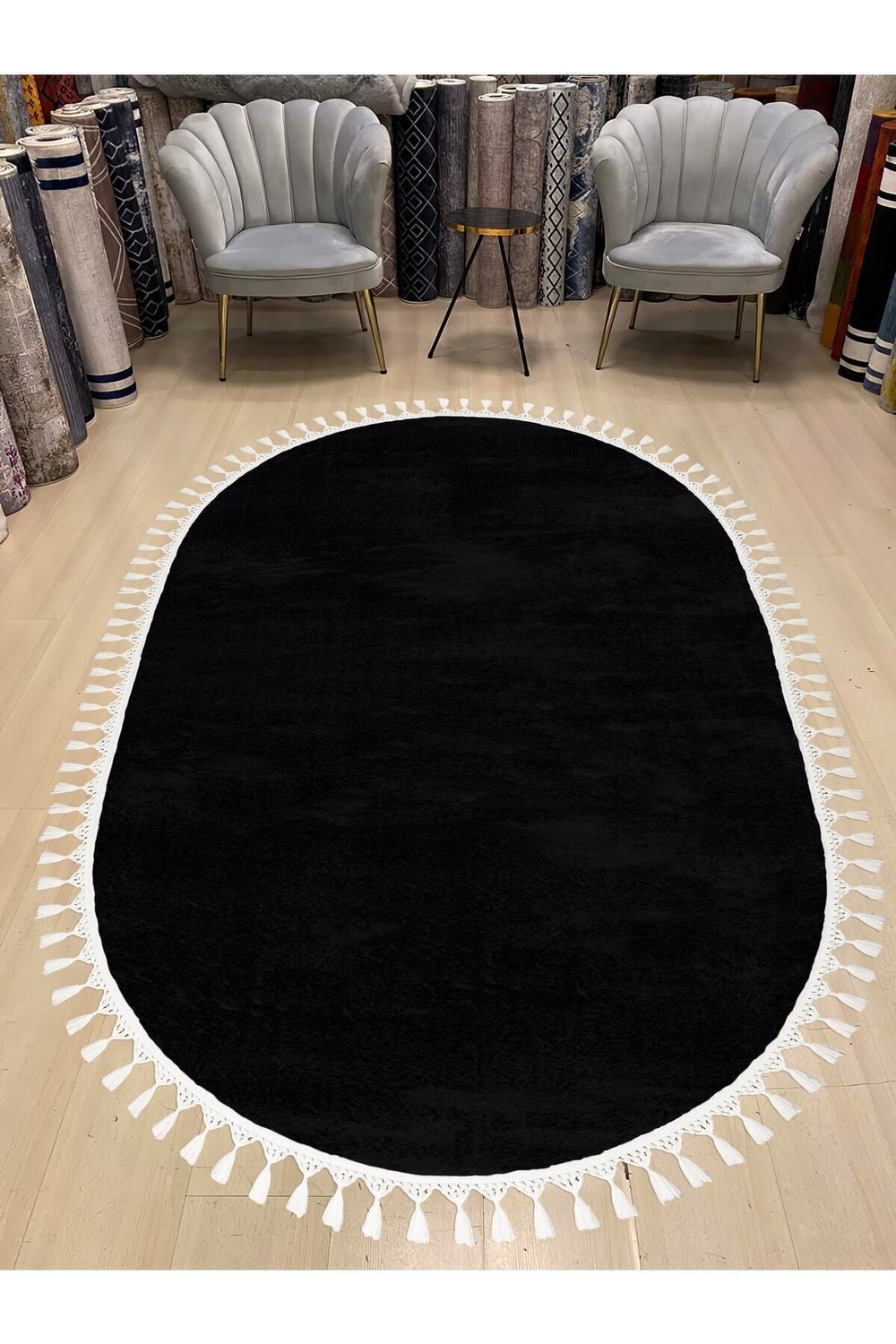 Vl Oval Comfort Ponpon Saçaklı Peluş Halı Siyah