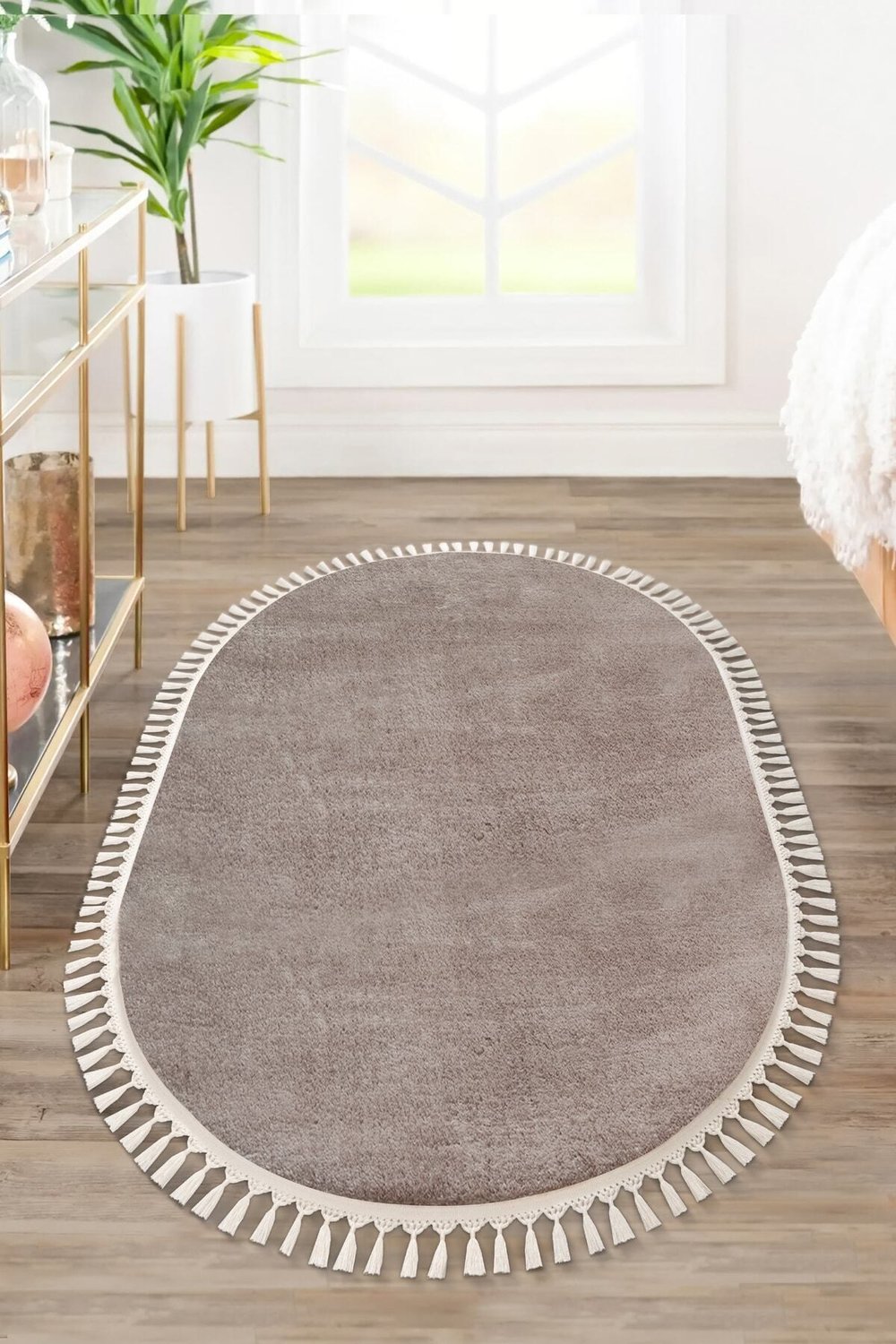 Vl Oval Comfort Ponpon Saçaklı Peluş Halı Kahverengi Pon Pon Ekru