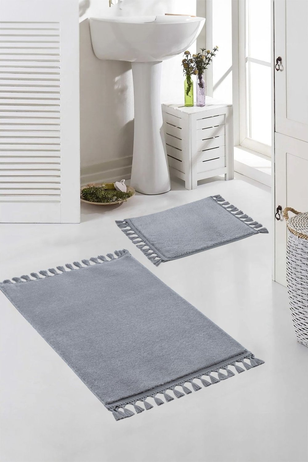 Vl Yıkanabilir Premium Ponpon Saçaklı Kaymaz Taban Post Peluş Banyo Paspası 2li Takım Gri