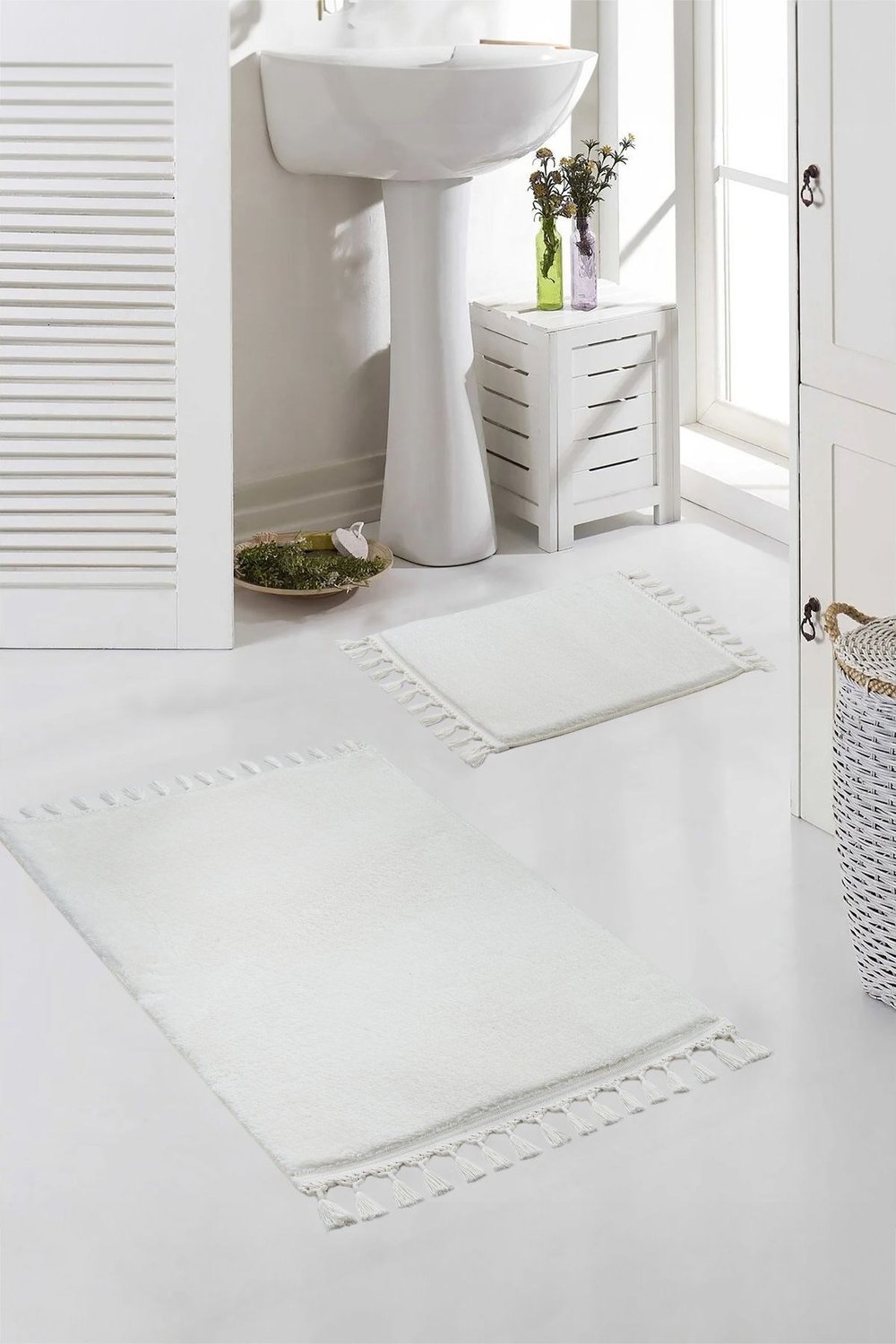 Vl Yıkanabilir Premium Ponpon Saçaklı Kaymaz Taban Post Peluş Banyo Paspası 2li Takım Ekru