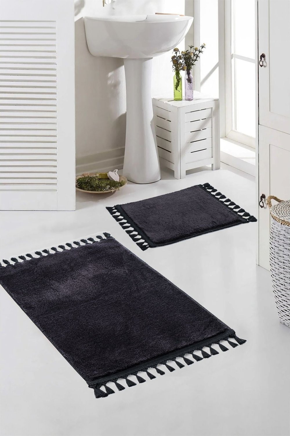 Vl Yıkanabilir Premium Ponpon Saçaklı Kaymaz Taban Post Peluş Banyo Paspası 2li Takım Siyah