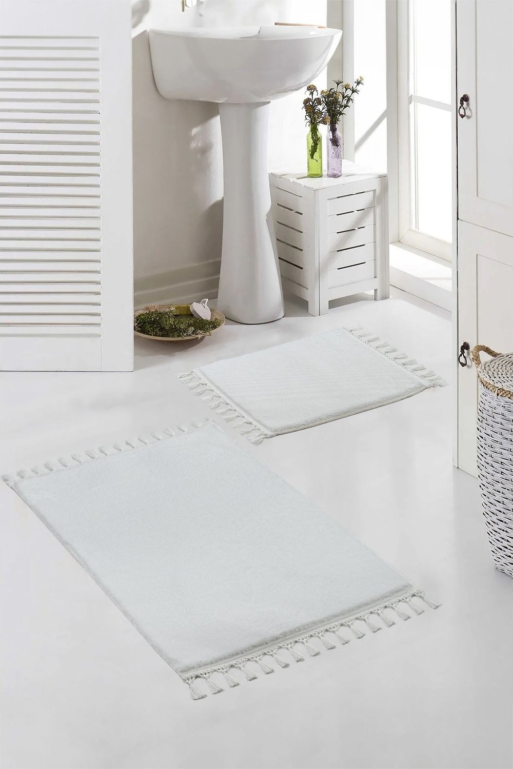 Vl Yıkanabilir Premium Ponpon Saçaklı Kaymaz Taban Post Peluş Banyo Paspası 2li Takım Beyaz