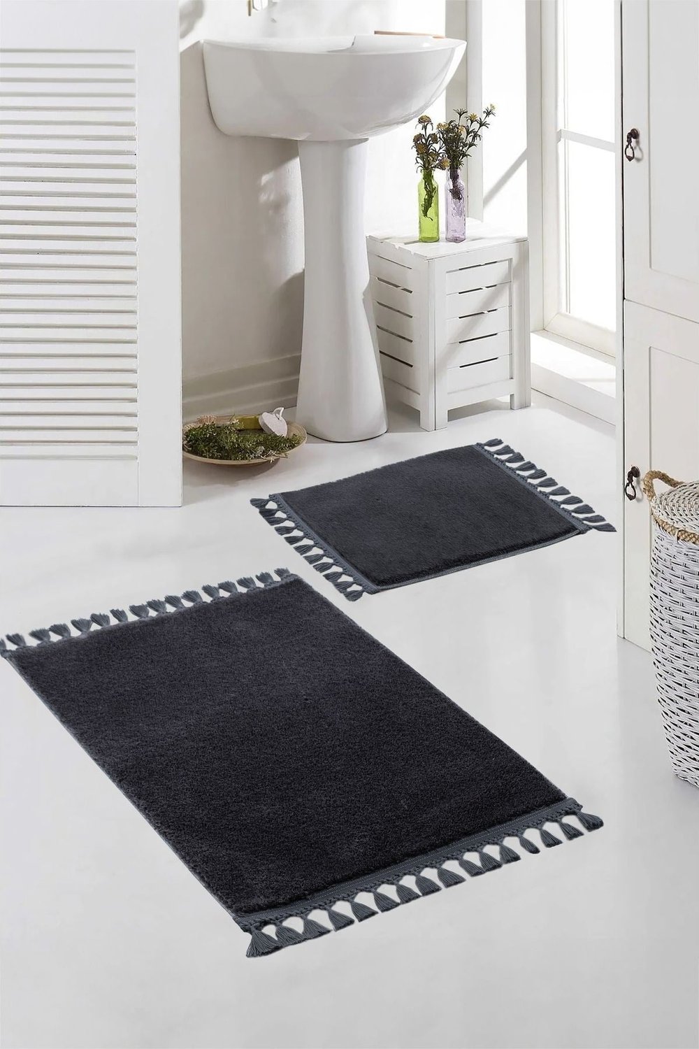 Vl Yıkanabilir Premium Ponpon Saçaklı Kaymaz Taban Post Peluş Banyo Paspası 2li Takım Antrasit