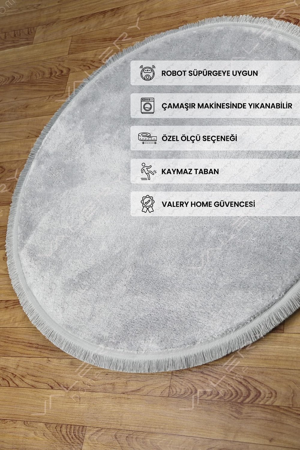 Vl Yuvarlak Comfort Düz Saçaklı Peluş Halı Gri