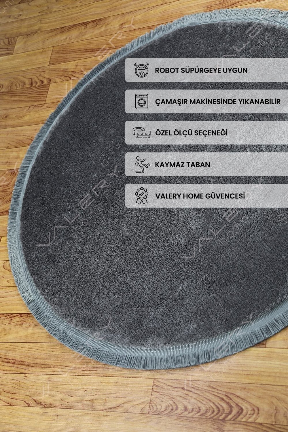 Vl Yuvarlak Comfort Düz Saçaklı Peluş Halı Antrasit