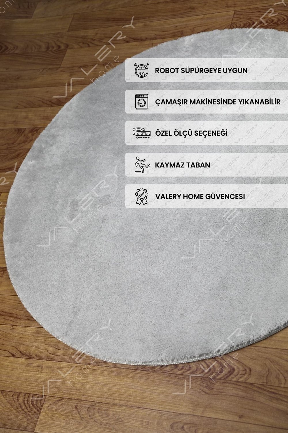 Vl Yuvarlak Comfort Overloklu Peluş Halı Gri