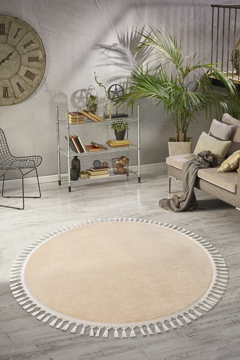 Vl Yuvarlak Comfort Ponpon Saçaklı Peluş Bej