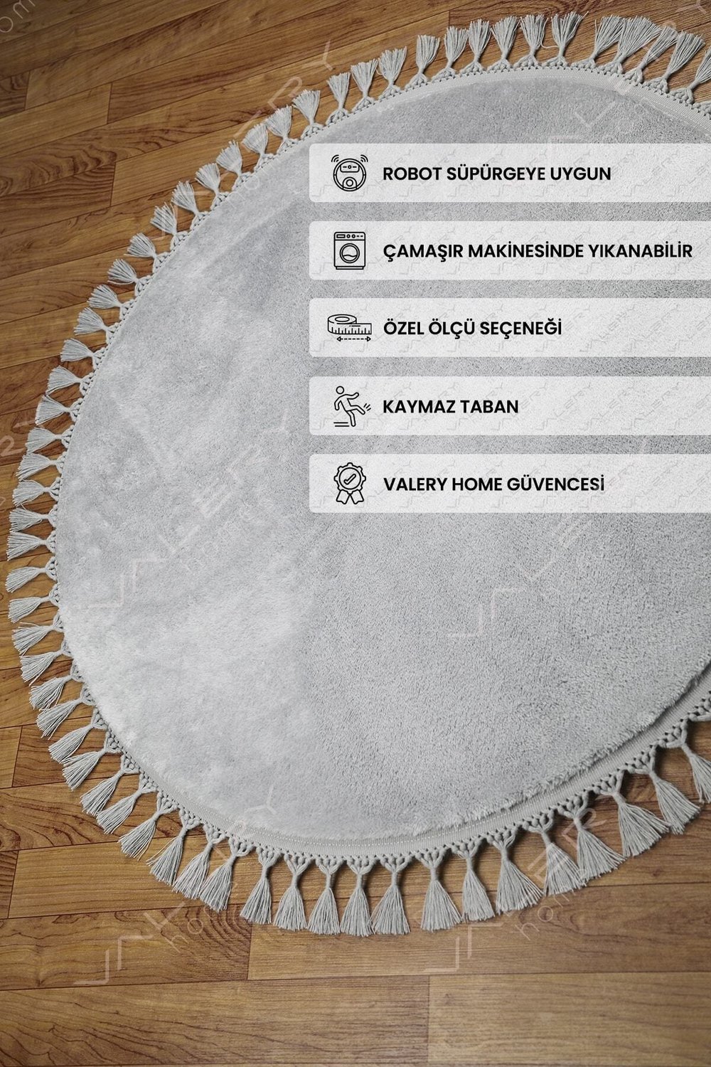 Vl Yuvarlak Comfort Ponpon Saçaklı Peluş Halı Gri