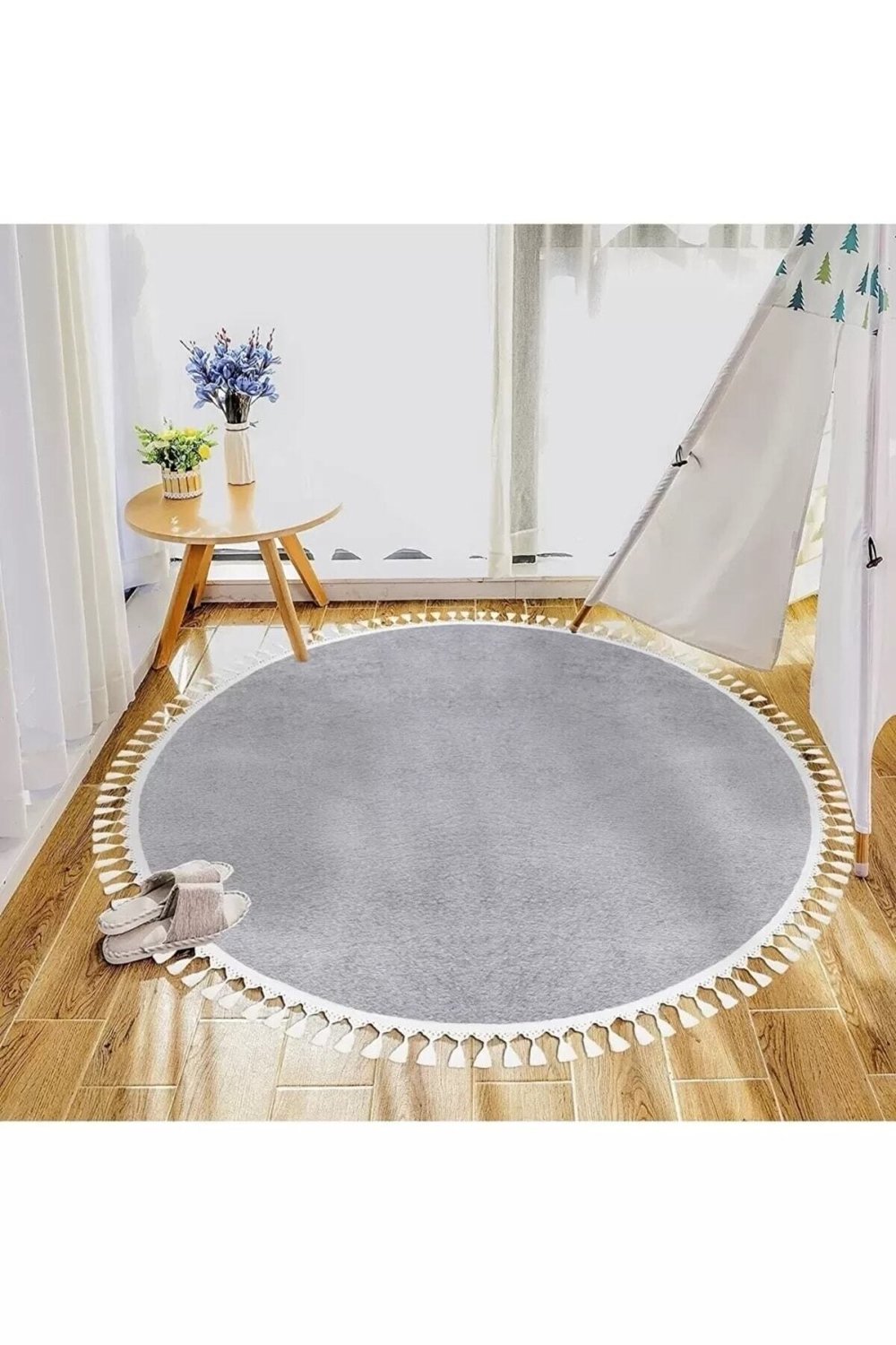 Vl Yuvarlak Comfort Ponpon Saçaklı Peluş Halı Açık Gri Pon Pon Beyaz