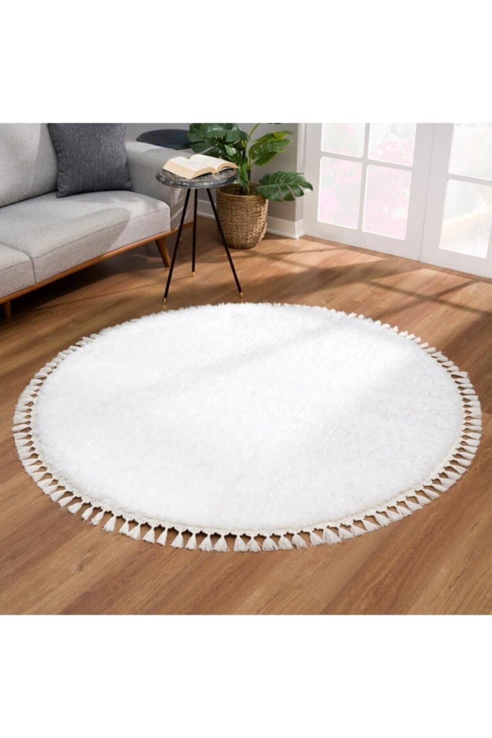 Vl Yuvarlak Comfort Ponpon Saçaklı Peluş Halı Beyaz
