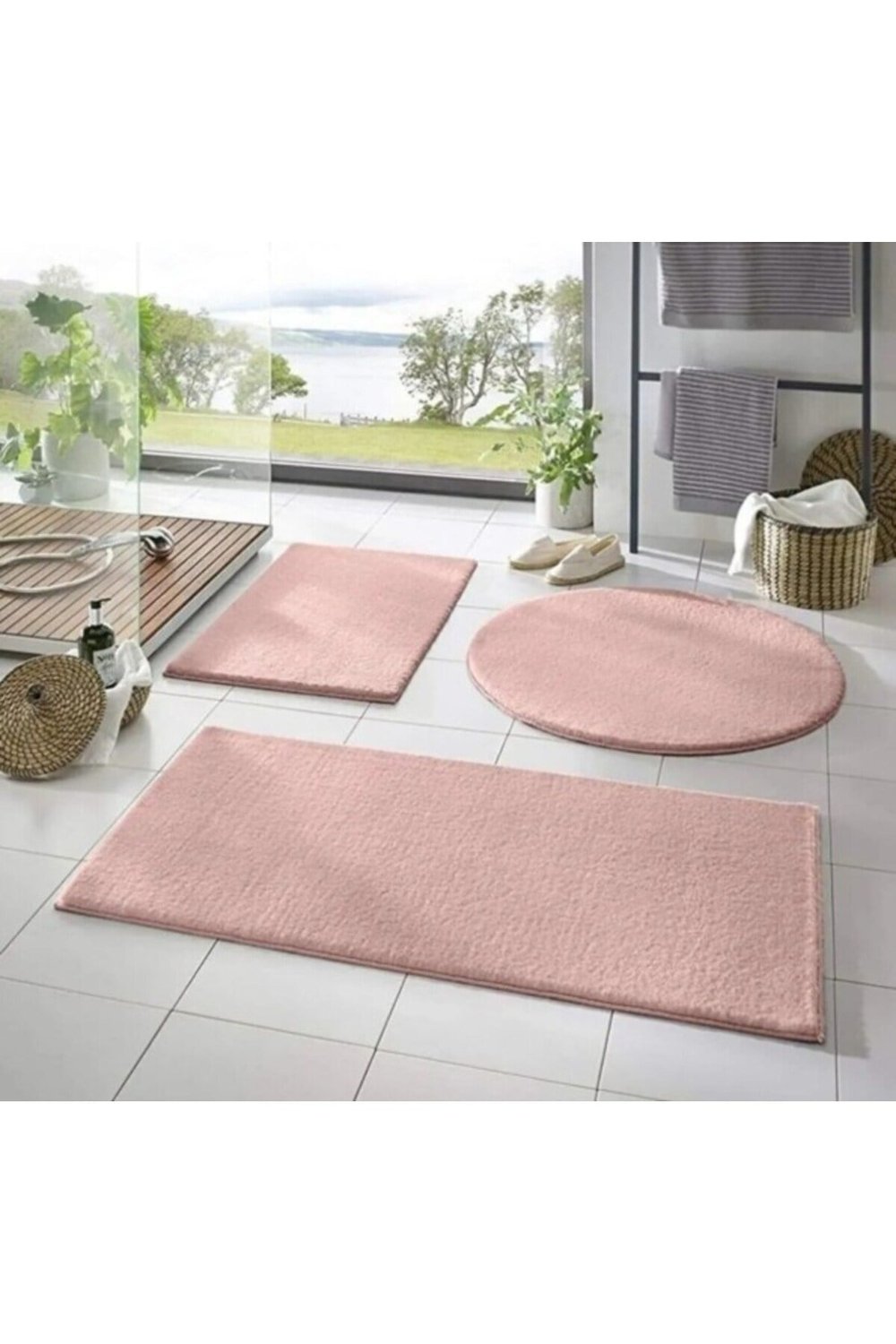 Yıkanabilir Kaymaz Taban Post Peluş Banyo Paspası Üçlü Takım Pembe