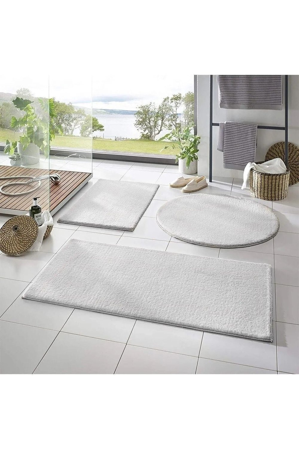 Yıkanabilir Kaymaz Taban Post Peluş Banyo Paspası Üçlü Takım Beyaz