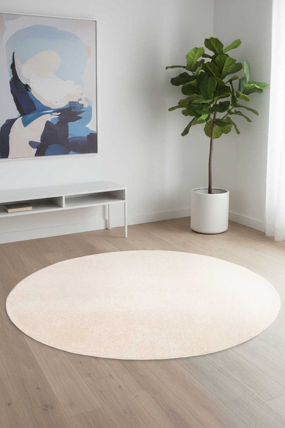 Yuvarlak Comfort Overloklu Peluş Bej Halı