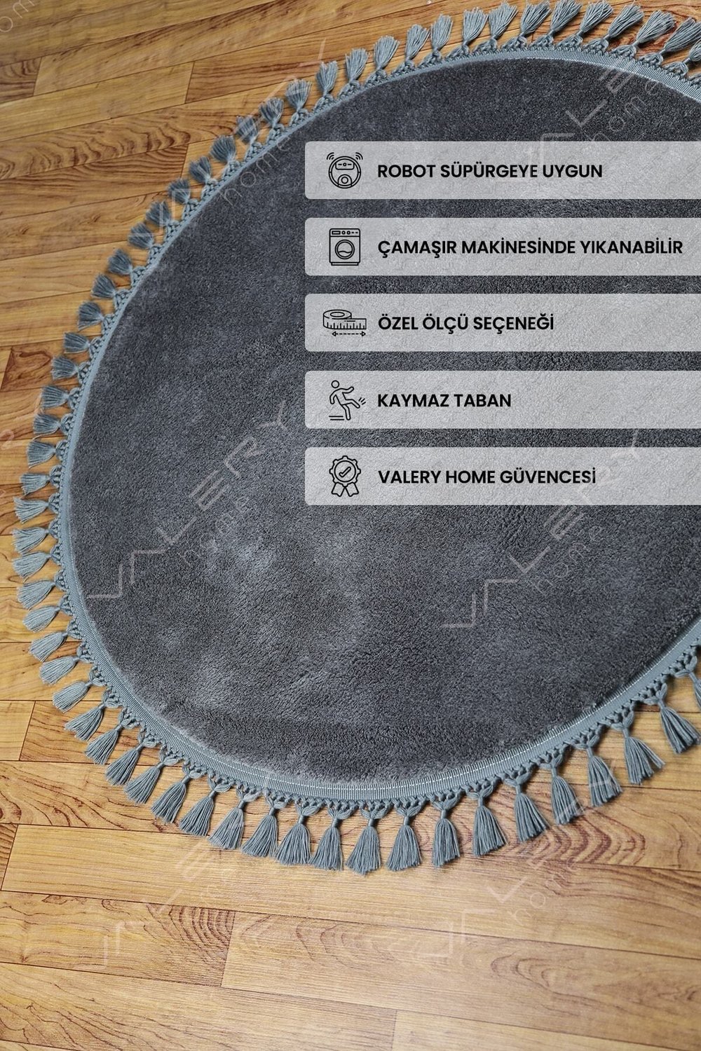 Yuvarlak Comfort Ponpon Saçaklı Peluş Halı Antrasit