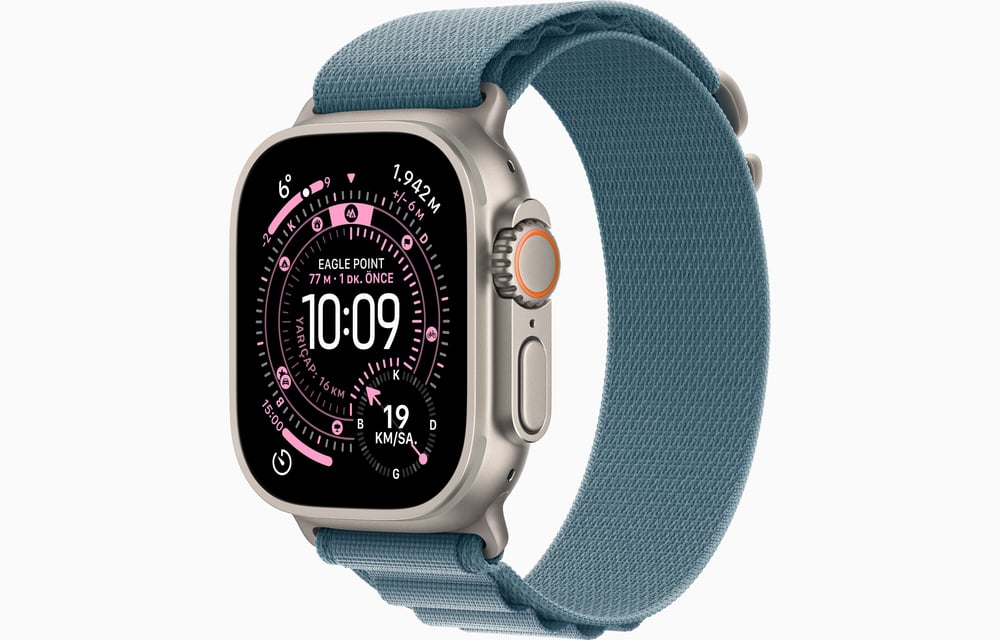 Apple Watch Ultra 3 GPS + Cellular, 49 mm Natürel Titanyum Kasa ve Açık Mavi Alpine Loop