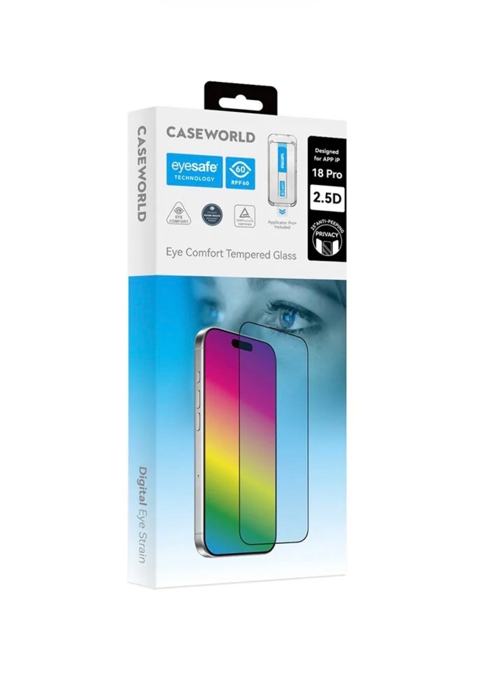 İphone 18 Pro Max CaseWorld Applicator Serisi2.5D Eyesafe Teknolojili Hayalet Safir Kaplamalı,0.33m, Düşük Mavi Işık Temperli Cam Ekran Koruyucu