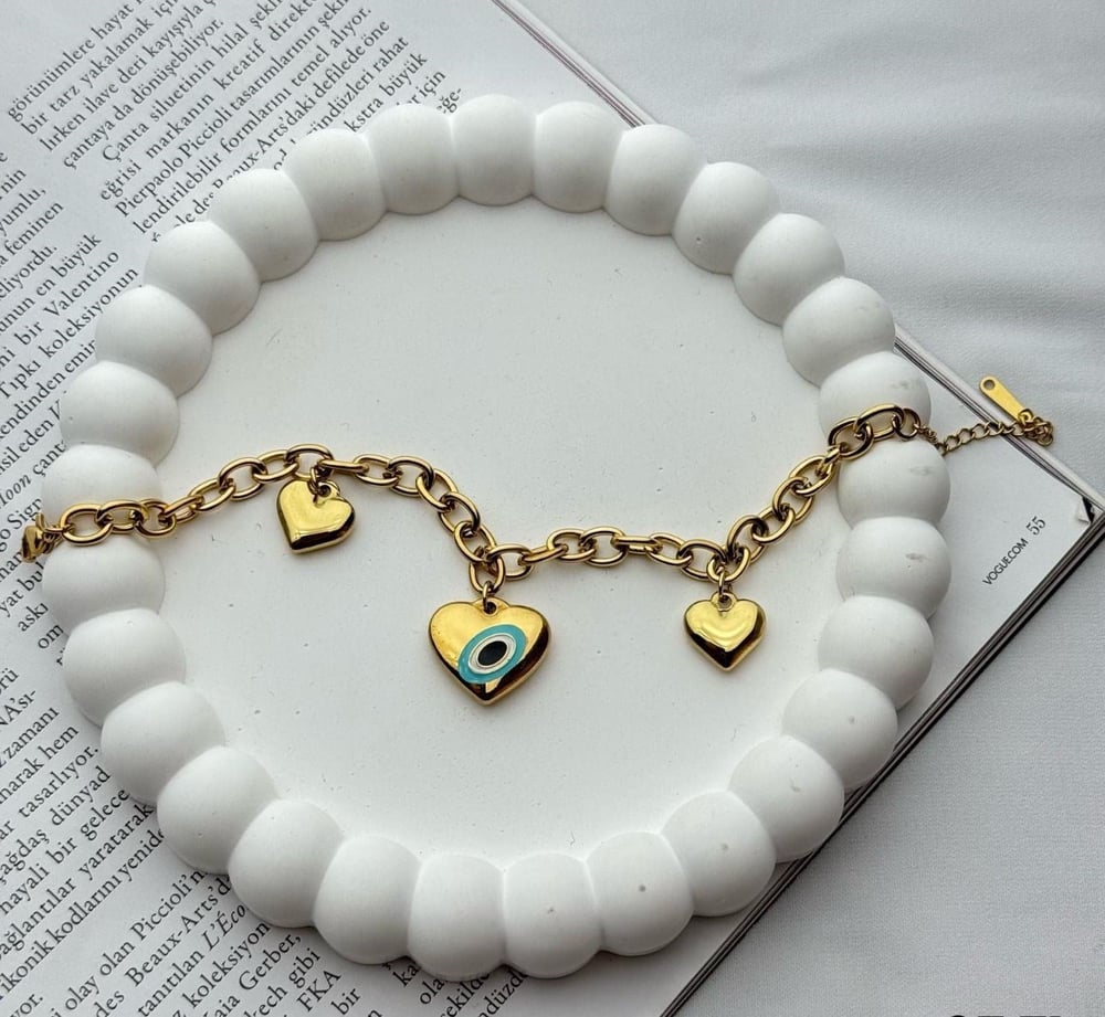 Kadın Çelik Bileklik Mavi Detay Üç Kalp Geçme Zincir Bileklik