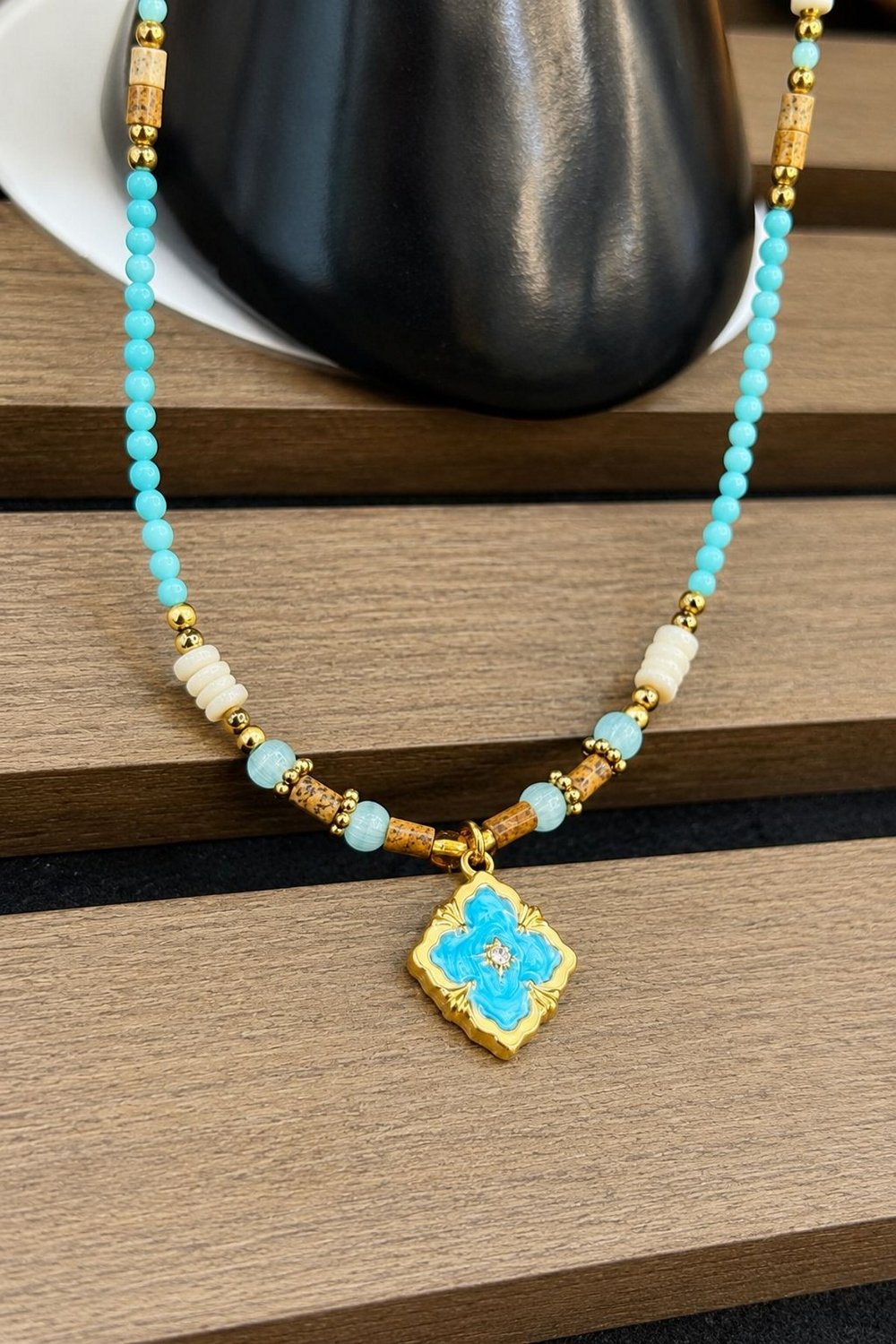 Kadın Çelik Kolye-Bileklik Set Doğal Taş Mineli Yonca Çelik Set