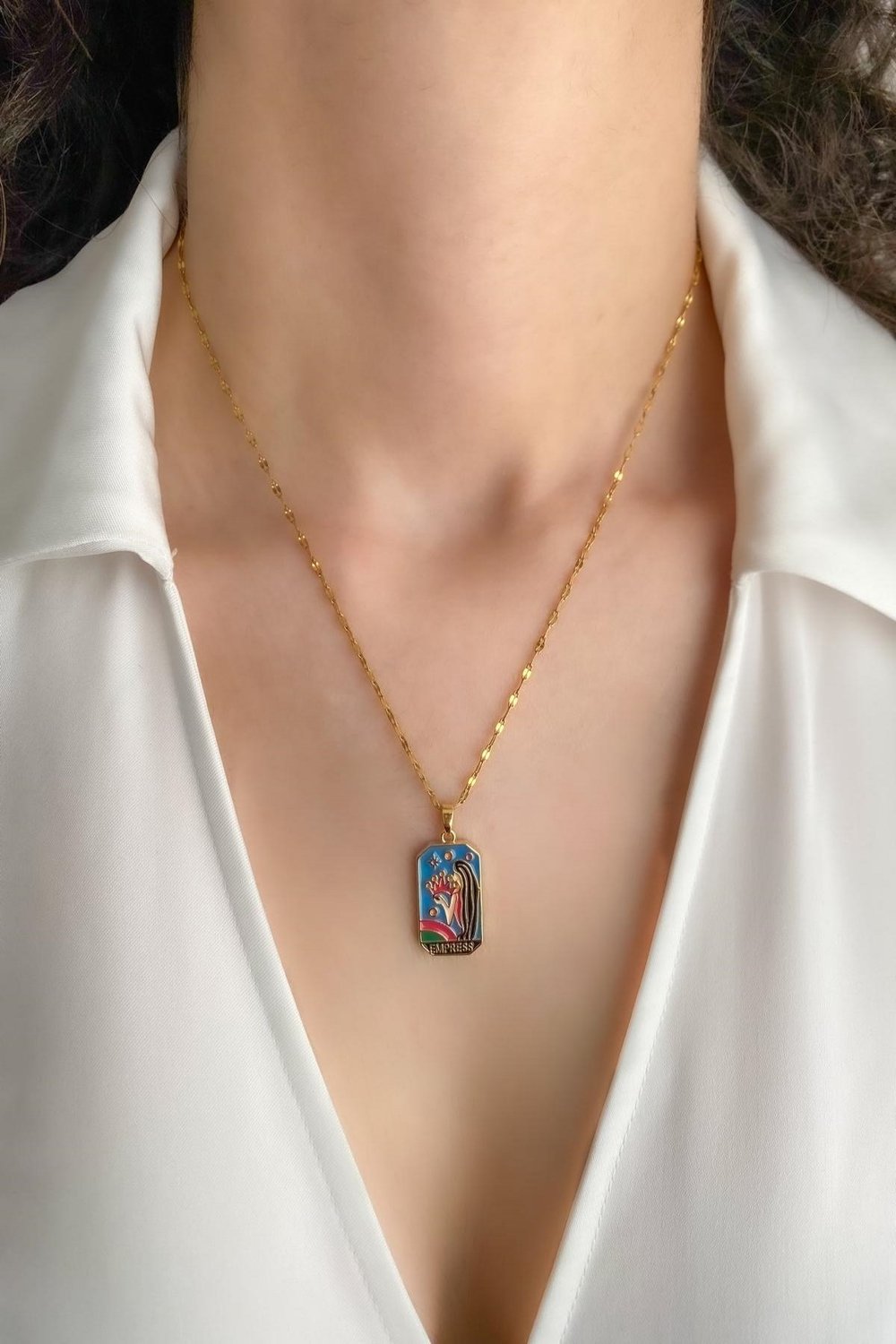 Kadın Çelik Kolye Tarot Seri Yıldız Zincir Renkli Empress Kolye 