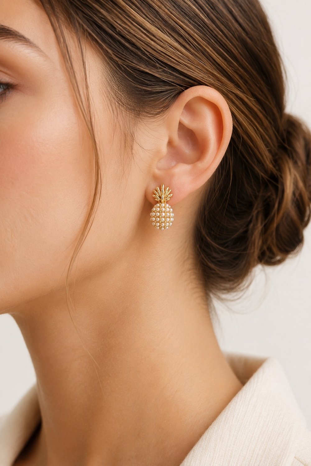 Kadın Küpe 14k Gold Renk İncili Ananas Premium Minimal Kararmaz Küpe