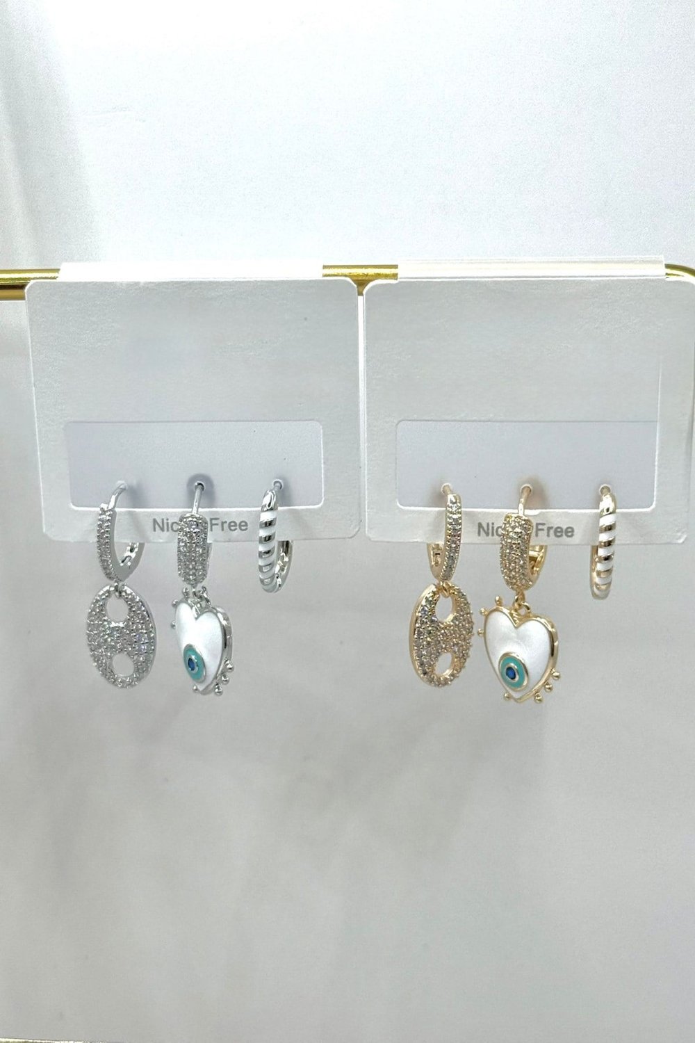 Kadın Küpe İthal Özel Seri 3lü Nazar Boncuk Desen Kalp Beyaz Çizgi Halka Kararmaz Küpe