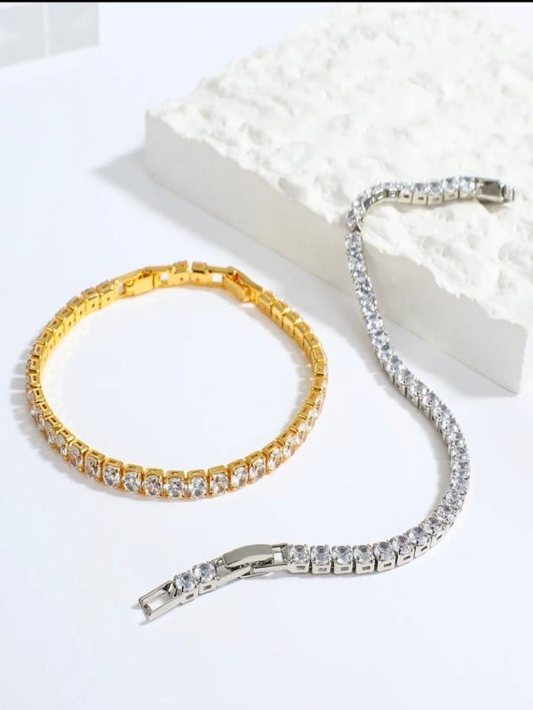 Kadın Zirkon Taşlı Gold Renk Çelik Su Yolu Bileklik-4mm