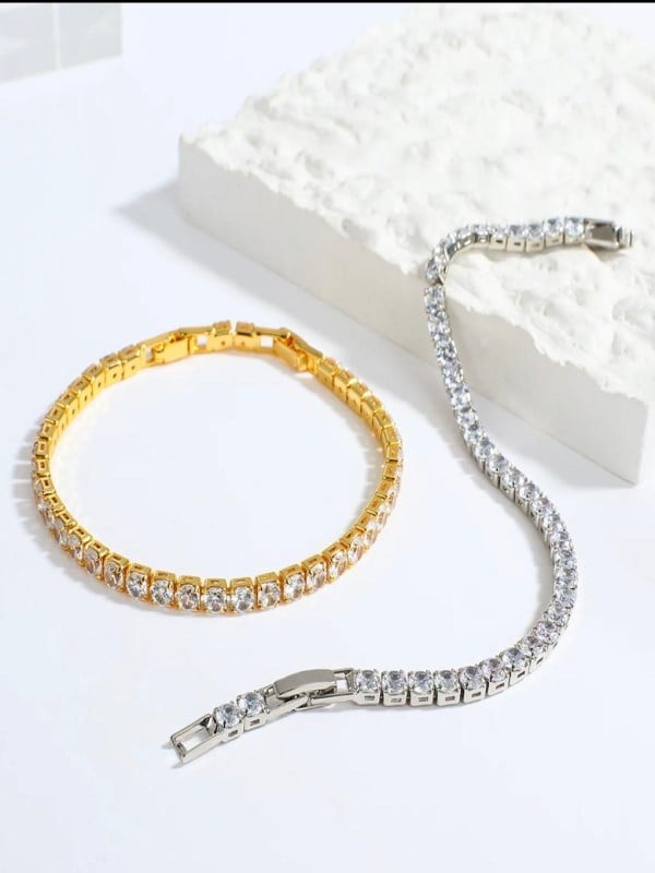 Kadın Zirkon Taşlı Gold Renk Çelik Su Yolu Bileklik-4mm