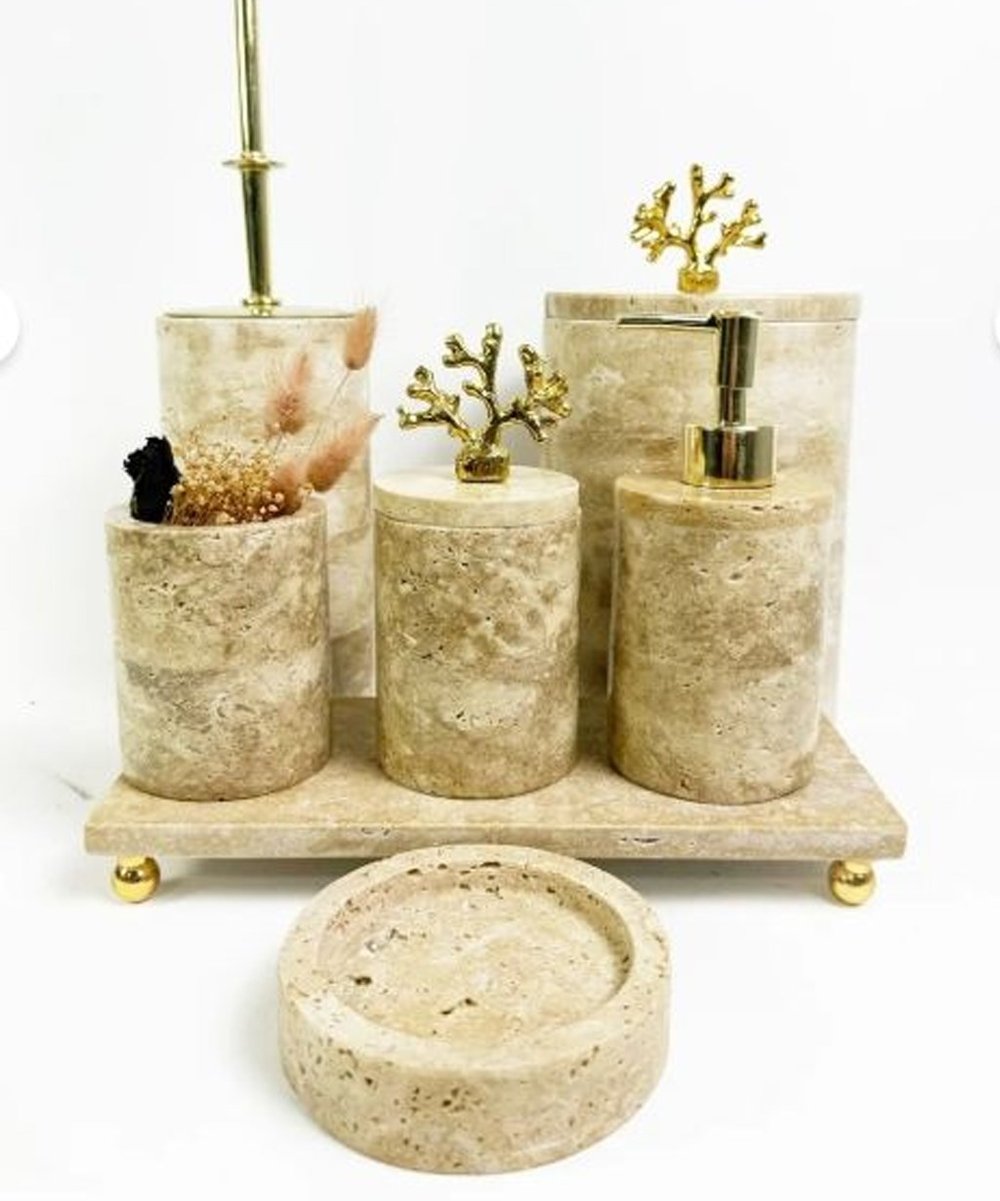 Traverten Banyo Seti 7li Gold Mercan Objeli Standlı