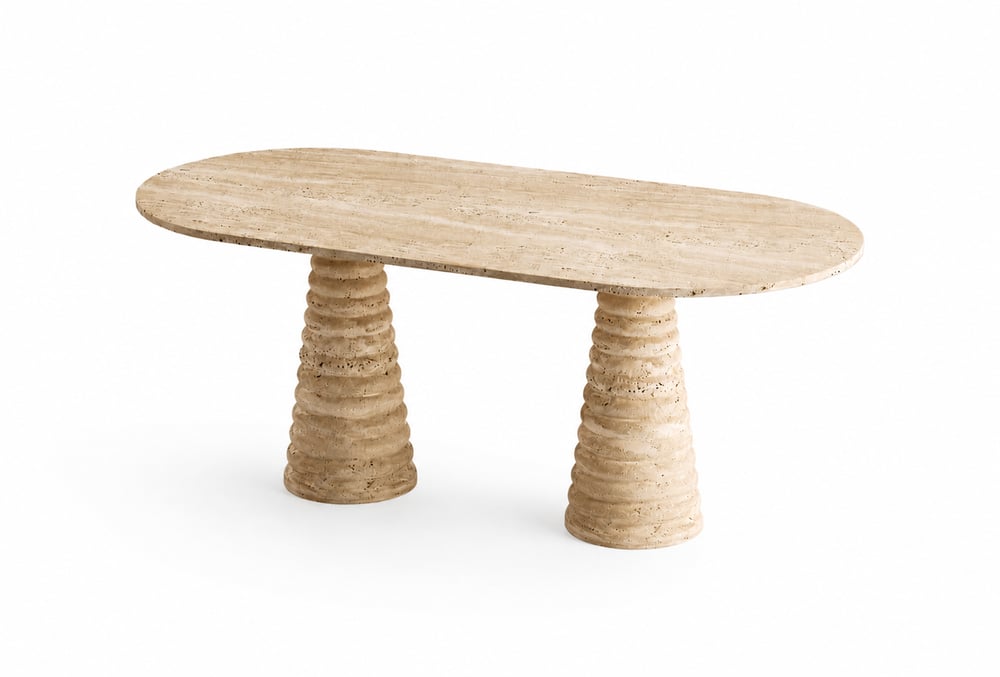 Traverten Oval Yemek Masası – Ribbed Pedestal