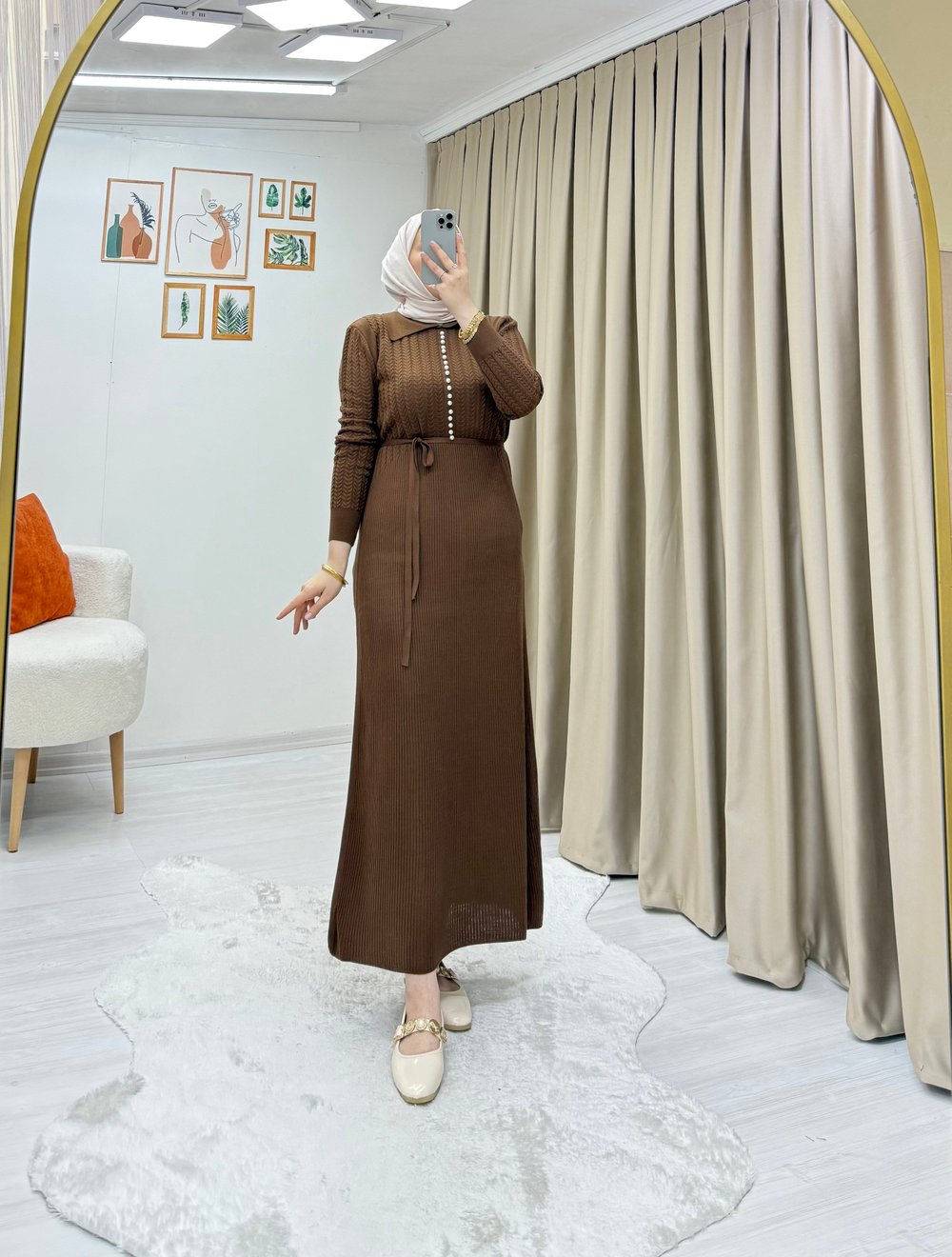 İncili Triko Elbise Kahve 0014 