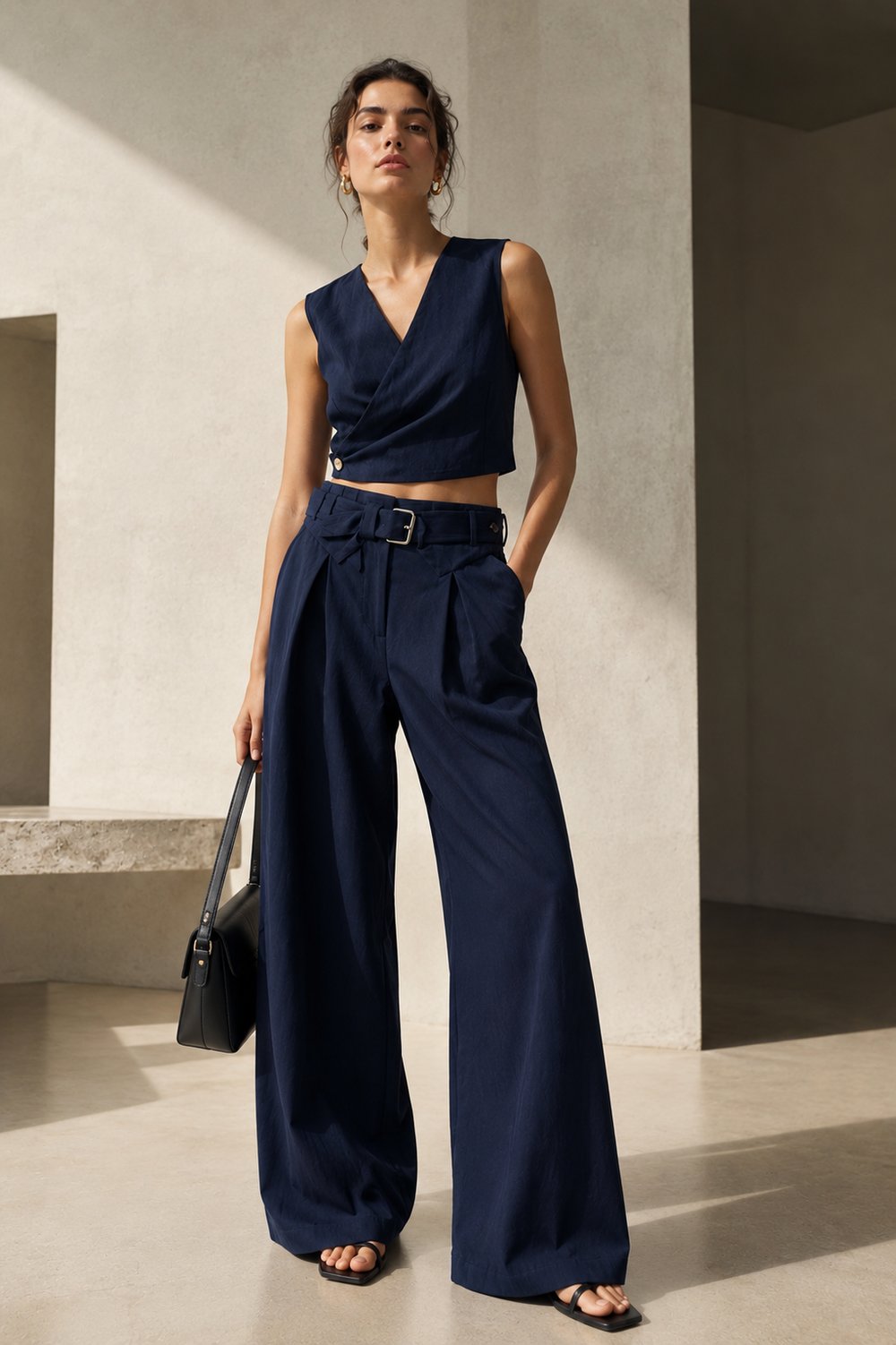Lacivert Kruvaze Crop Bluz ve Bol Paça Pantolon Takım
