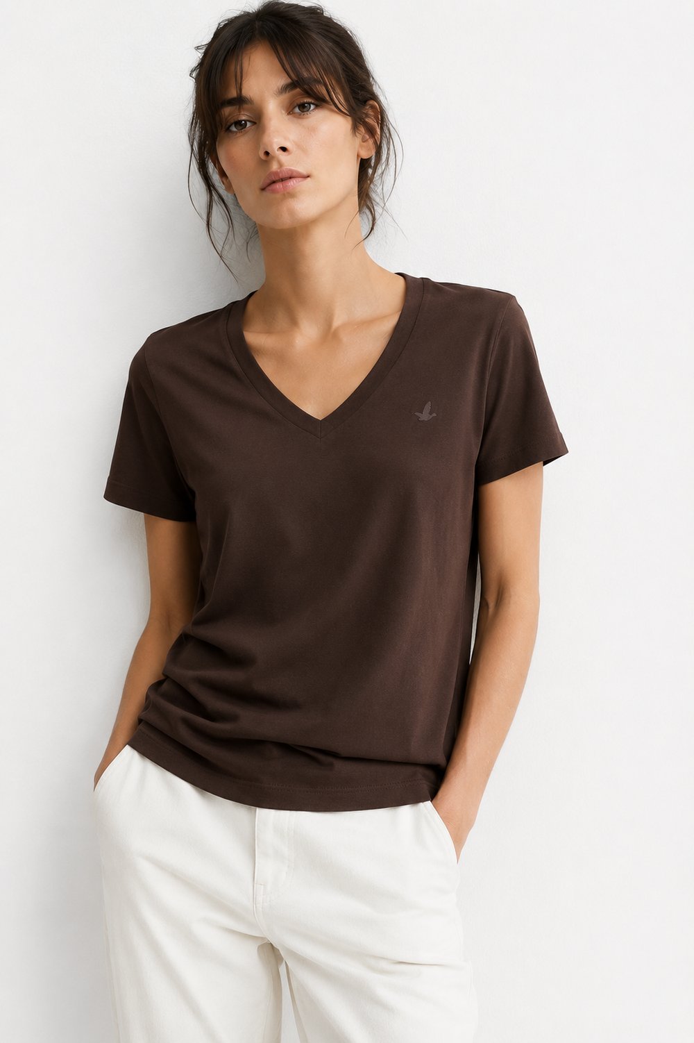 Orjinal marka V yaka basic tshirt- acı kahve