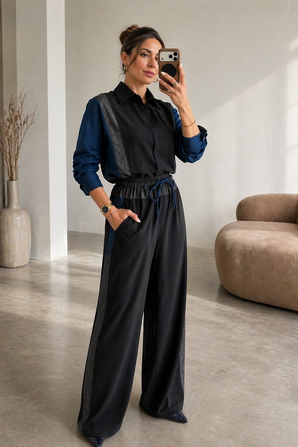 Orjinal Model Jean Detaylı Tencel Pantolon Gömlek Takım