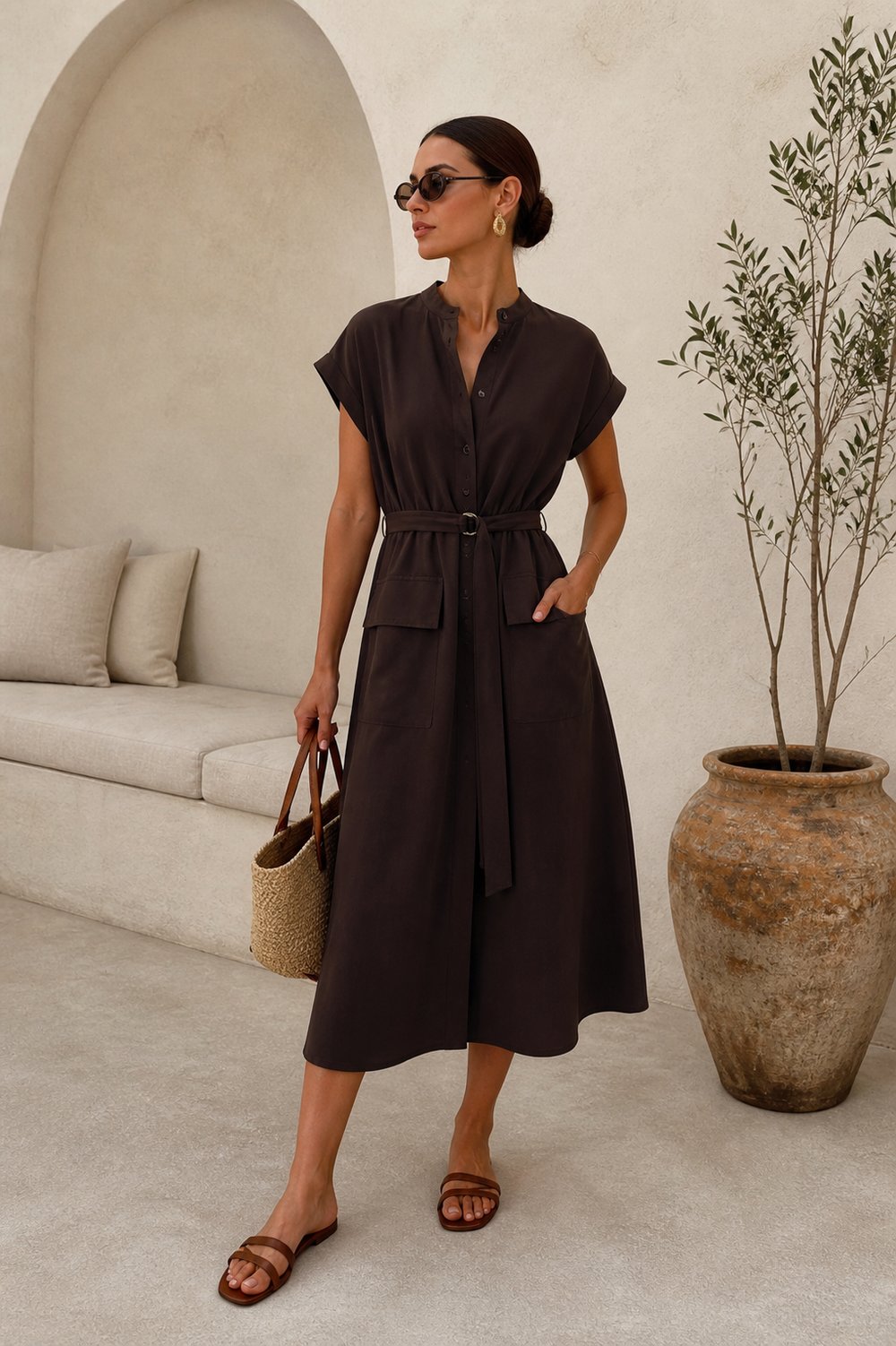 Orjinal Model  Kuşak ve Cep Detaylı Acıkahve Tencel Elbise 